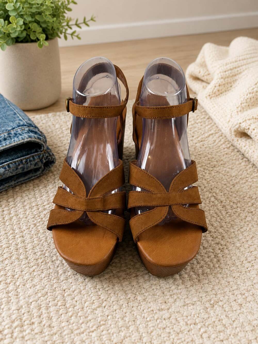 American Eagle Brown Suede Platform Sandals Ankle Strap Heels Womens 10